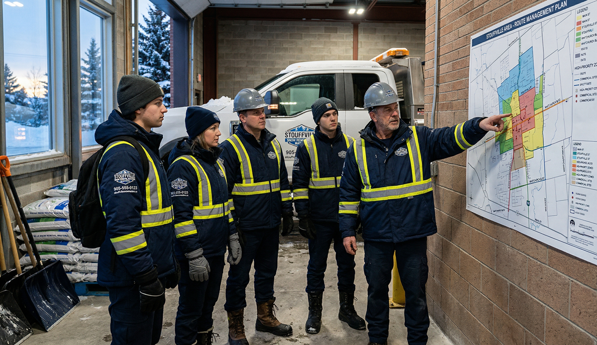 Team checking snow removal machines before commercial job