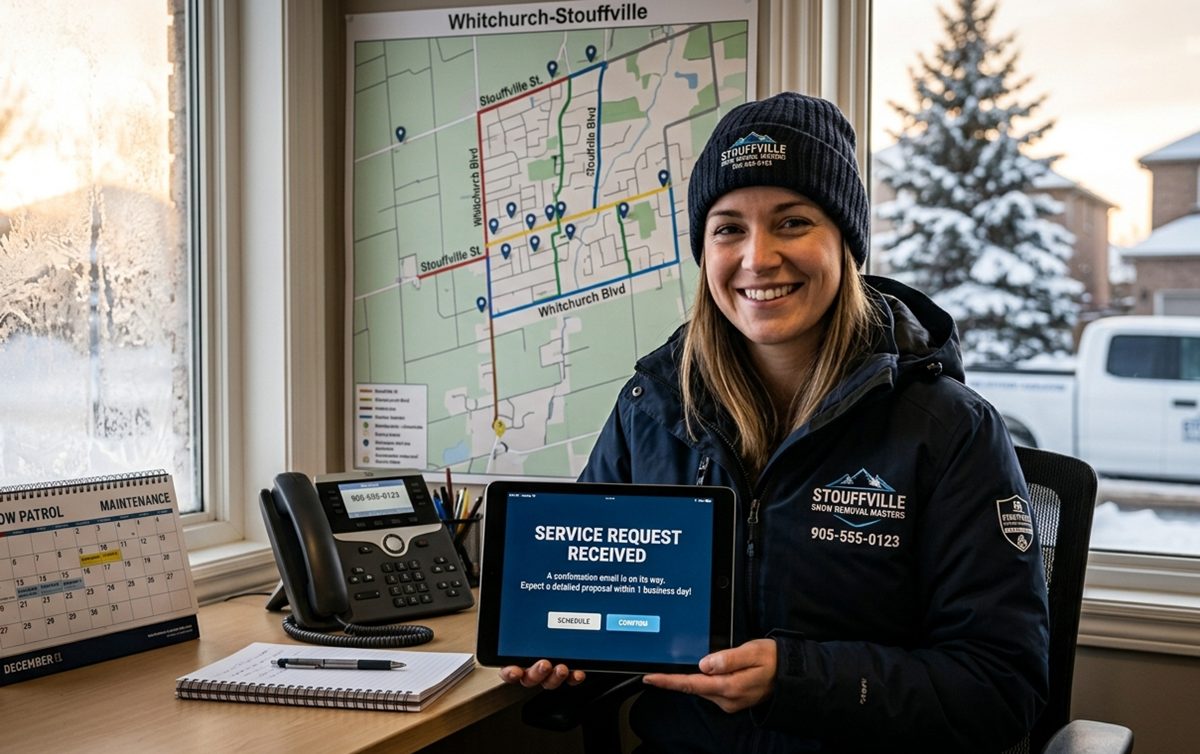 Contact desk with Stouffville Snow Removal Masters team answering calls