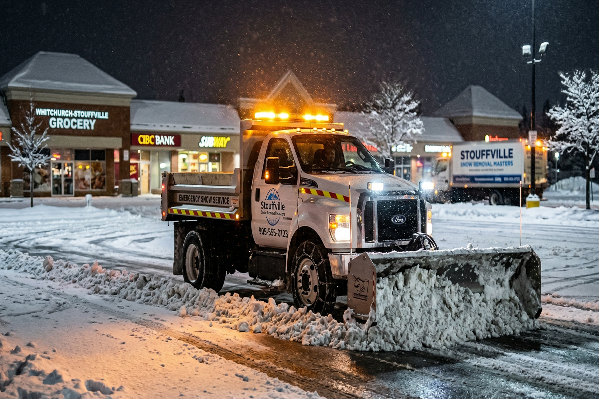 Branded Stouffville Snow Removal Masters truck at work site