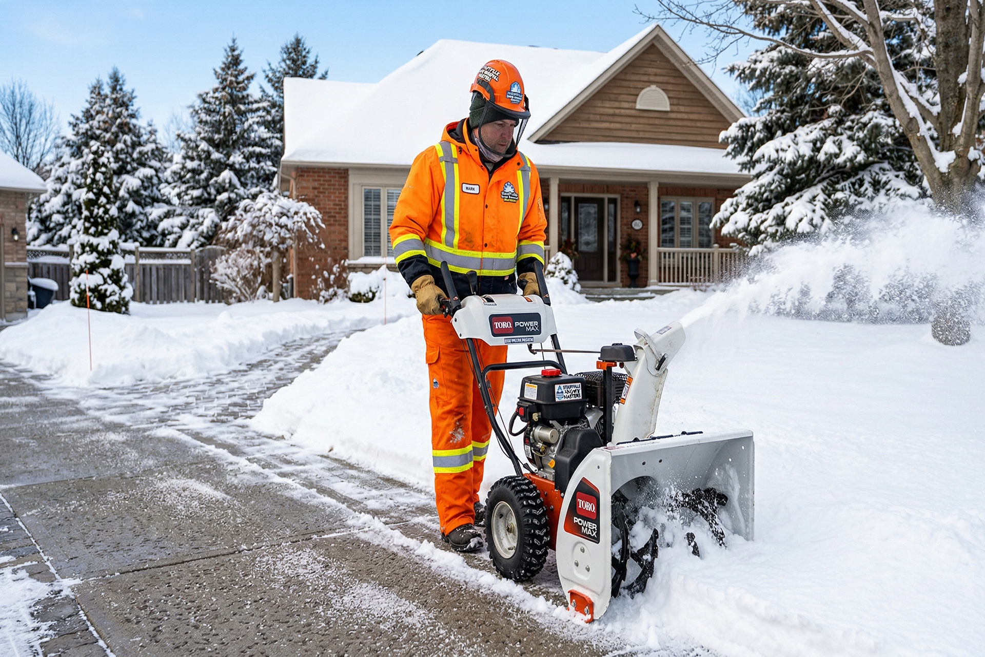 Crew operating ATV snow plow for tight parking lot spaces