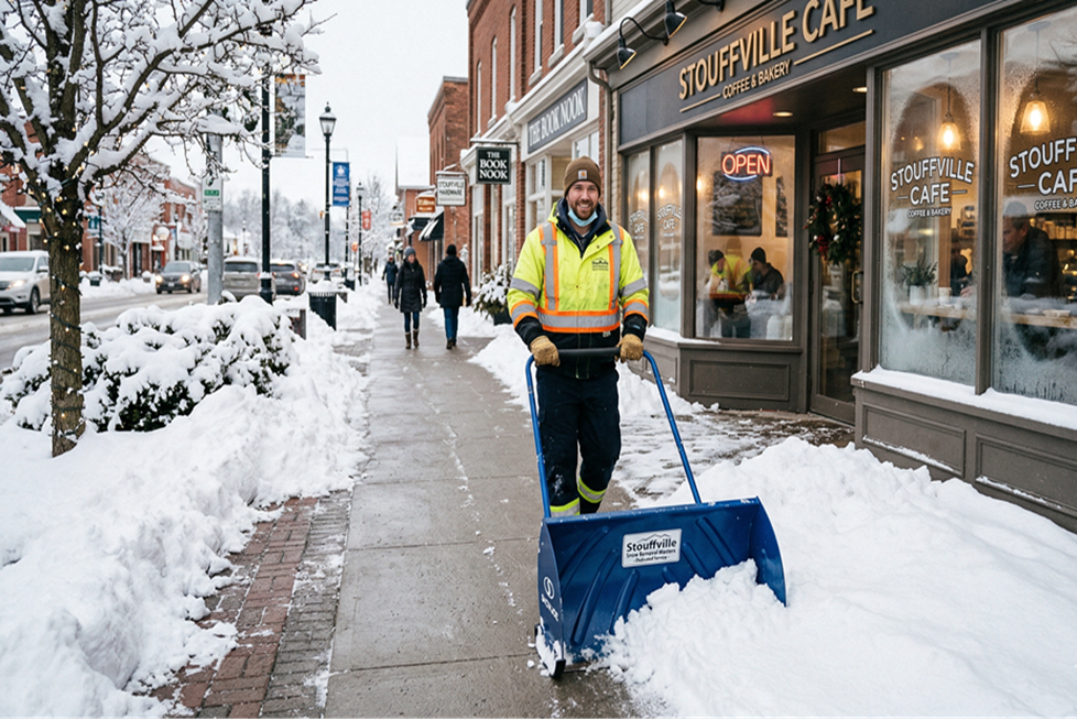 Crew using snow blower on sidewalks for safe pedestrian access
