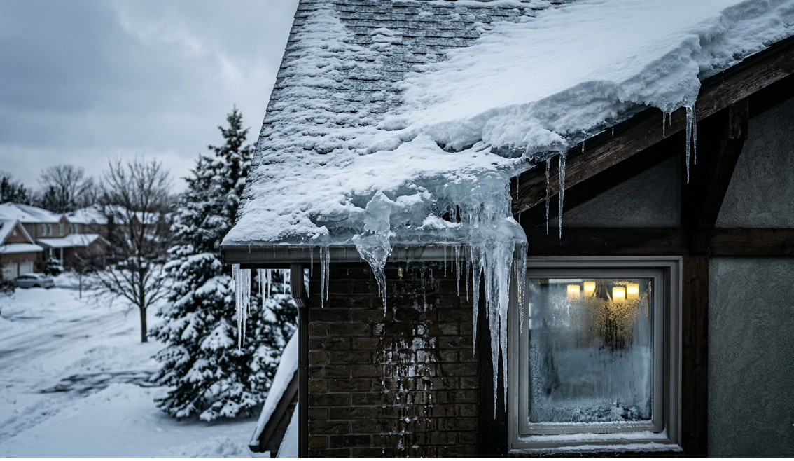 Roof ice removal crew working on sloped residential roof