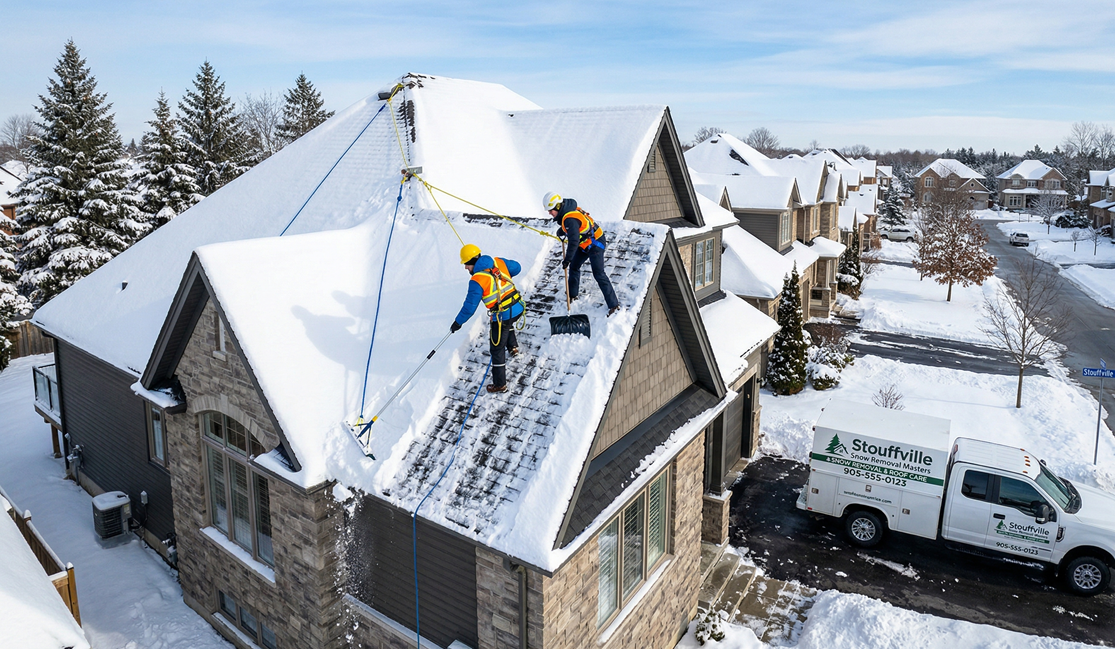 Technicians removing ice buildup from rooftop edges
