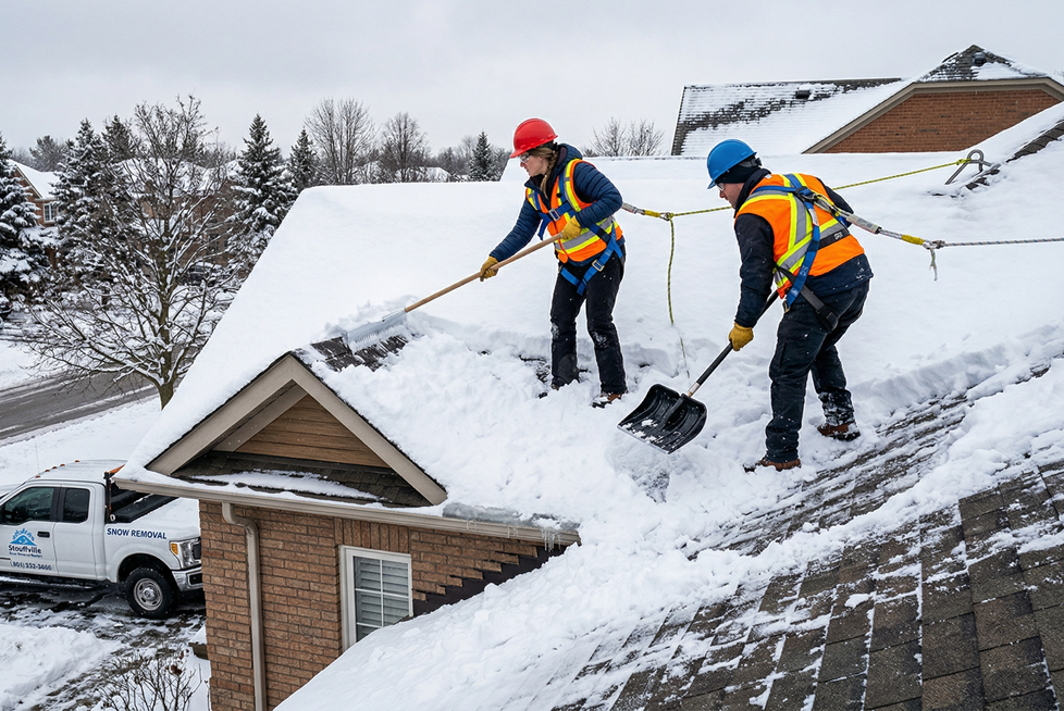 Roof ice removal crew working on sloped residential roof