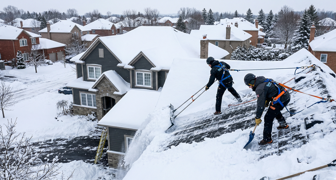 Roof snow and ice removal on a local business building