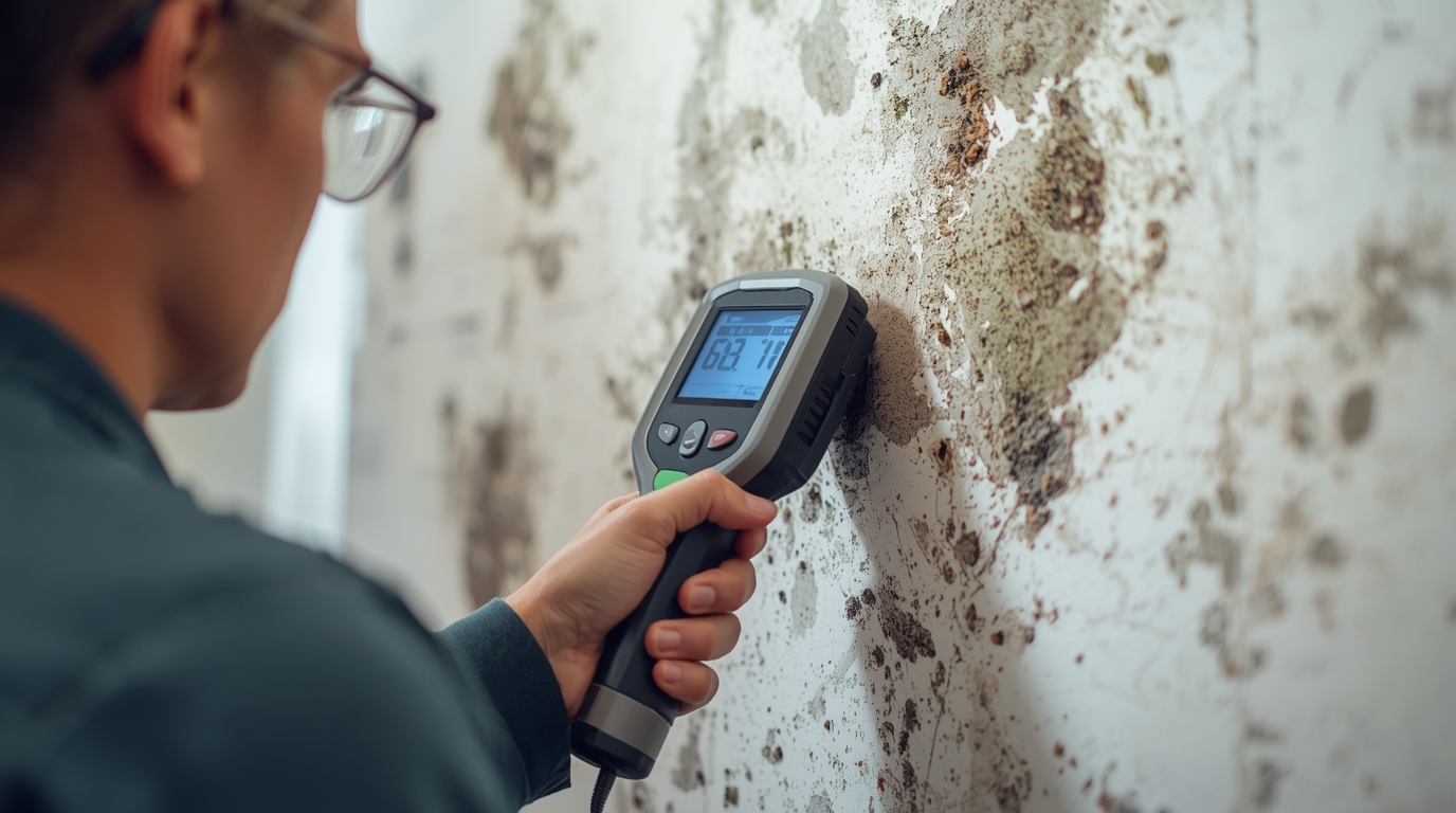 Person in glasses using a moisture meter on a moldy wall.