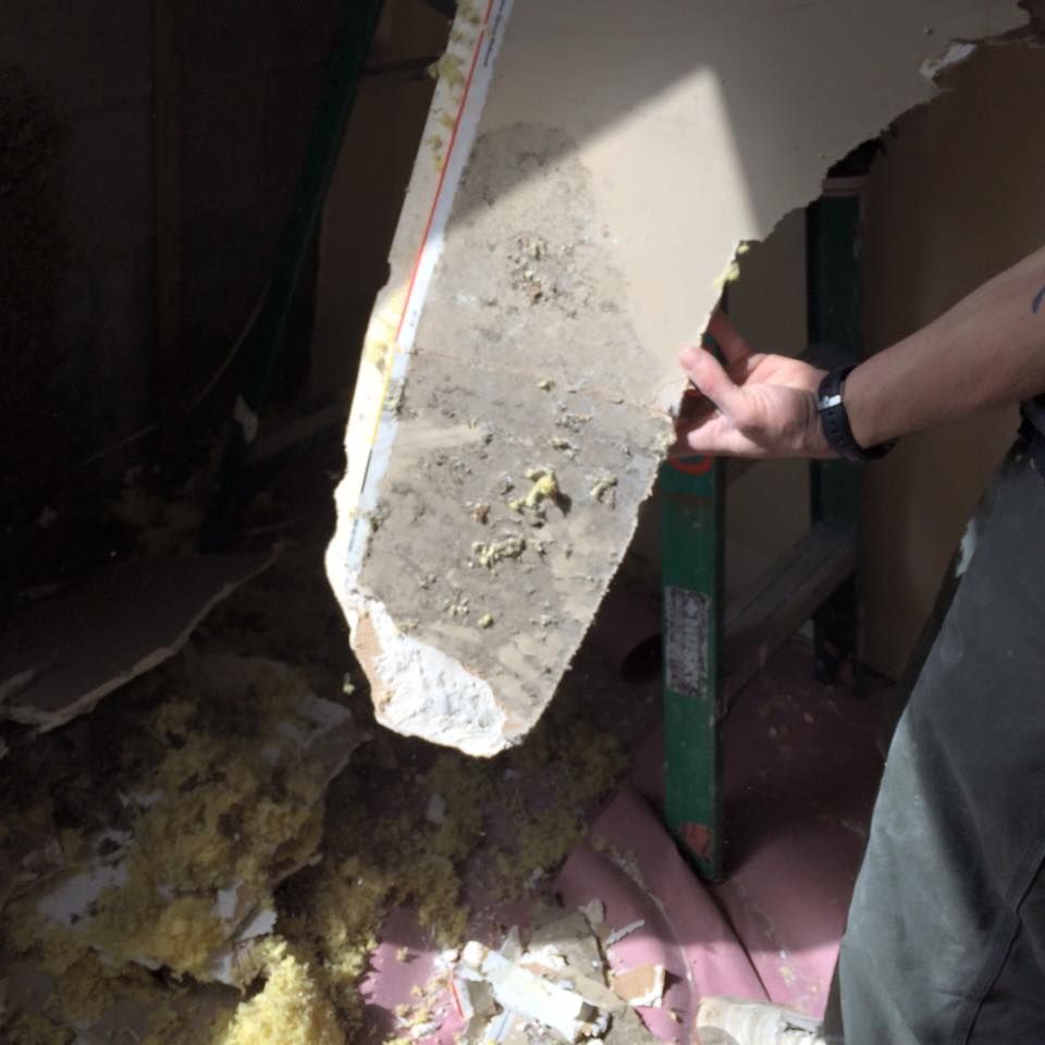 Person holding a piece of damaged drywall, showing insulation and exposed studs in a dimly lit area.