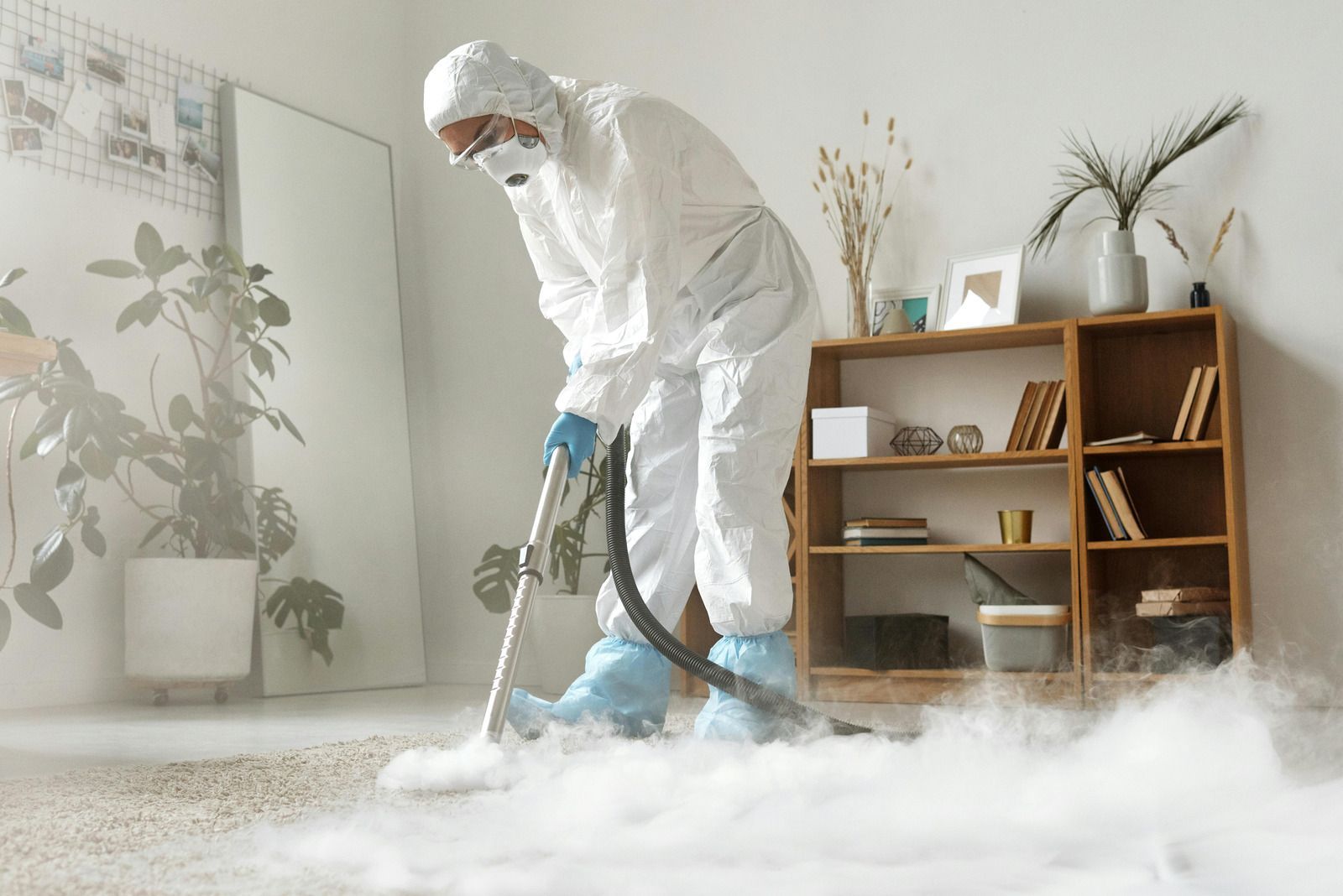 Person in hazmat suit steam cleans carpet in a room with fog.