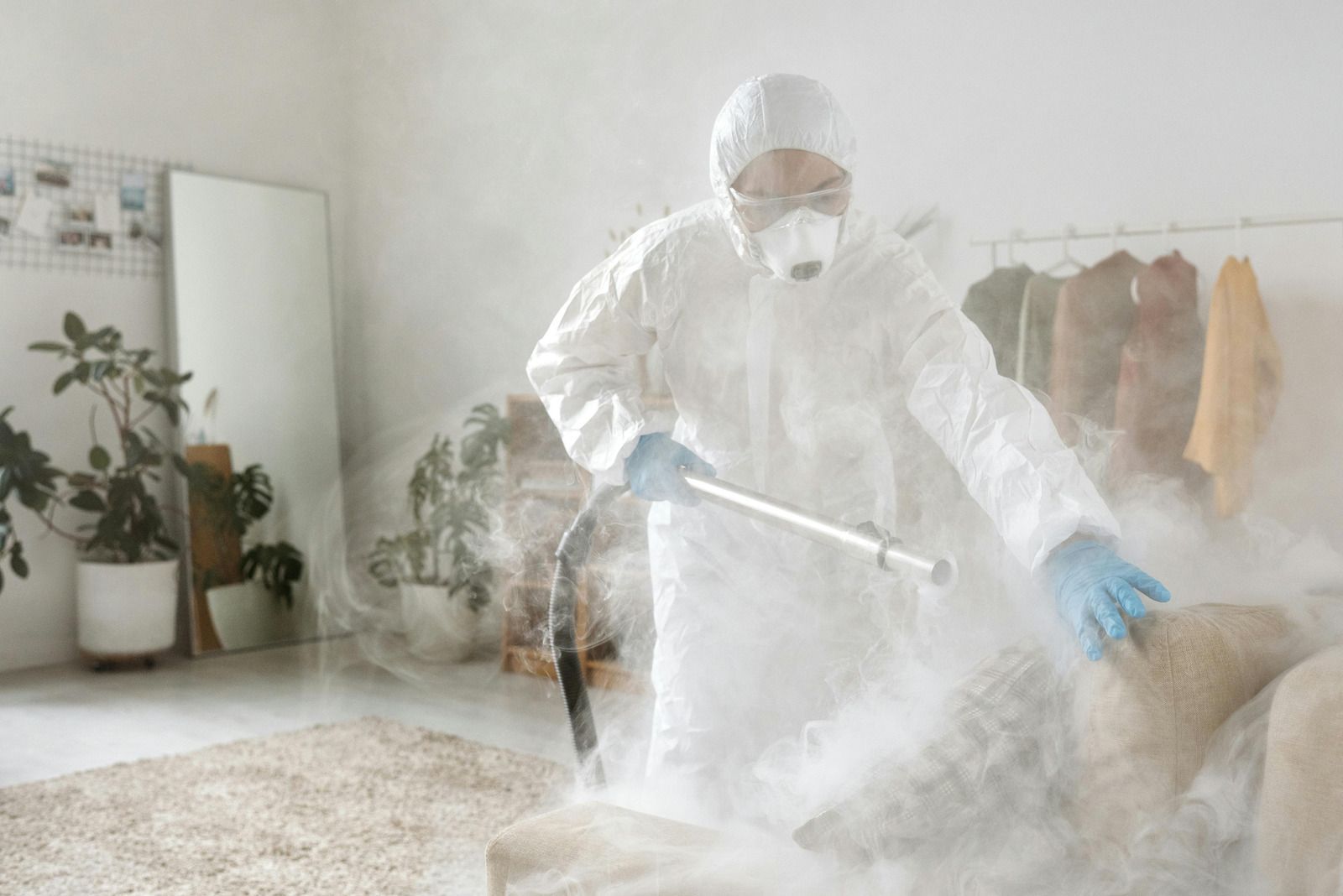 Person in hazmat suit disinfecting a room with fog.