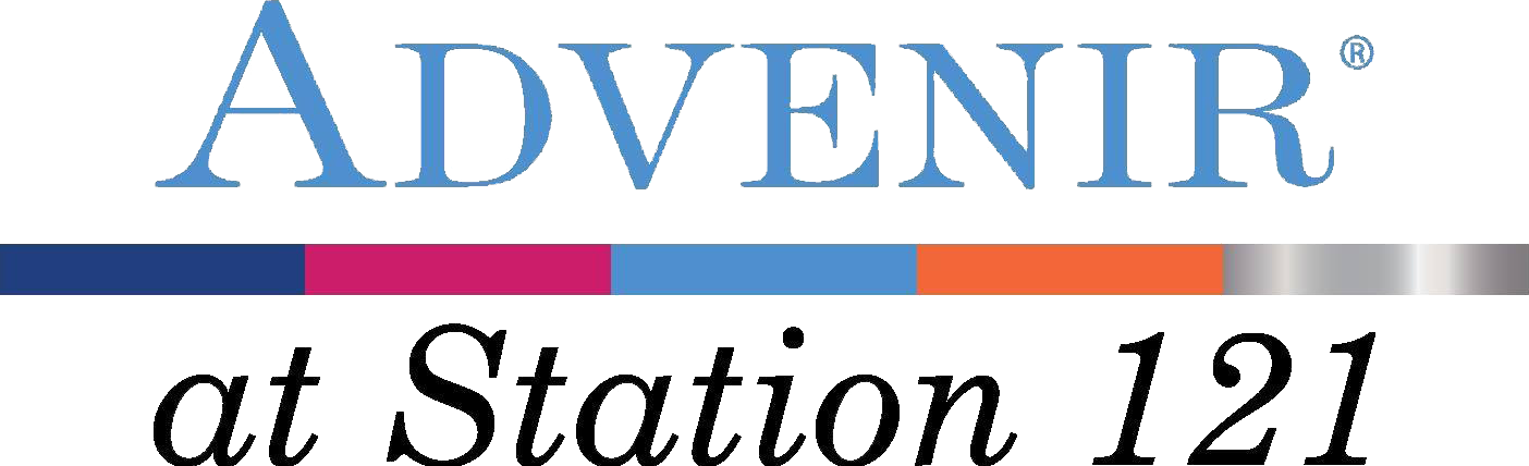 Advenir at Station 121 logo in blue, black, pink, and orange text