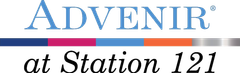 Advenir at Station 121 logo in blue, black, pink, and orange text
