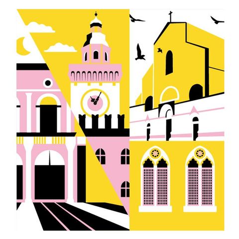 Illustrazione stilizzata di architettura italiana nei toni del rosa e del giallo