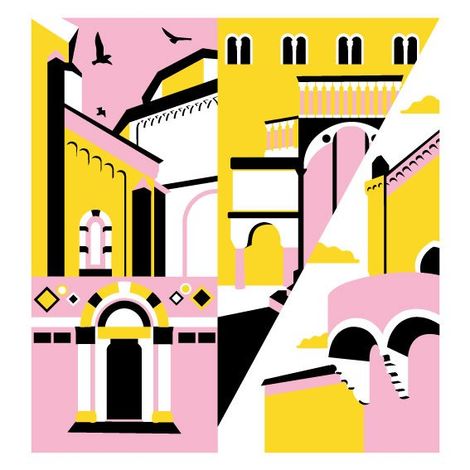 Un'illustrazione grafica nei toni del giallo, rosa e nero che raffigura edifici stilizzati con archi