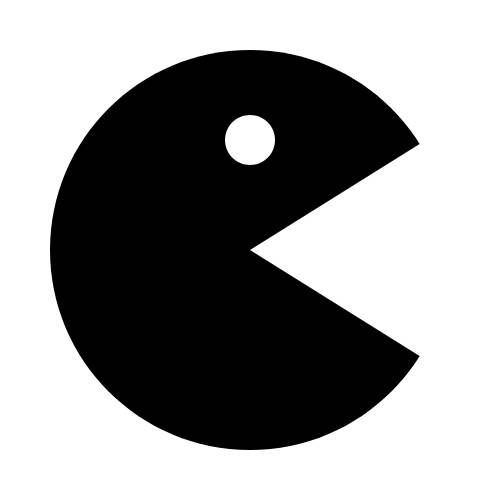 Un personaggio di Pac-Man nero su sfondo bianco, caratterizzato da un occhio circolare e una bocca aperta.