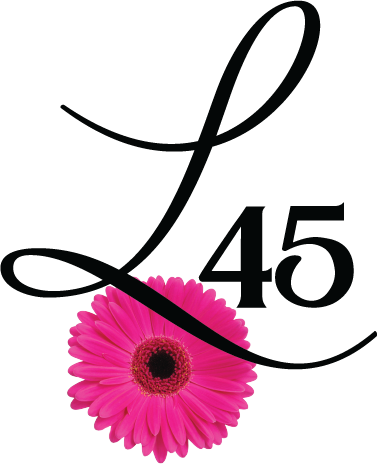 a pink flower is next to the letter L and the number 45 for Layton45 logo