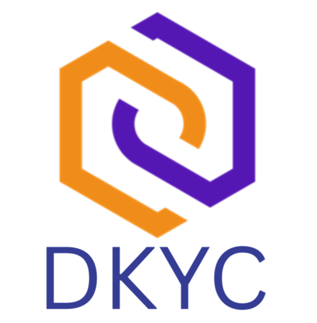A logo for a company called dkyc with an orange and purple hexagon