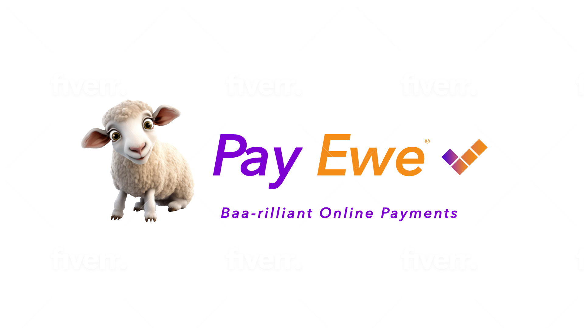 A sheep is sitting in front of a pay ewe logo.