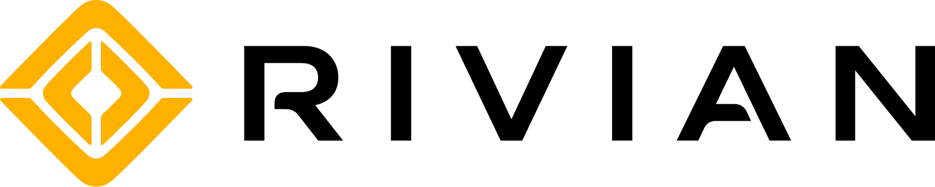 The logo for rivian is black and yellow with a diamond in the middle.
