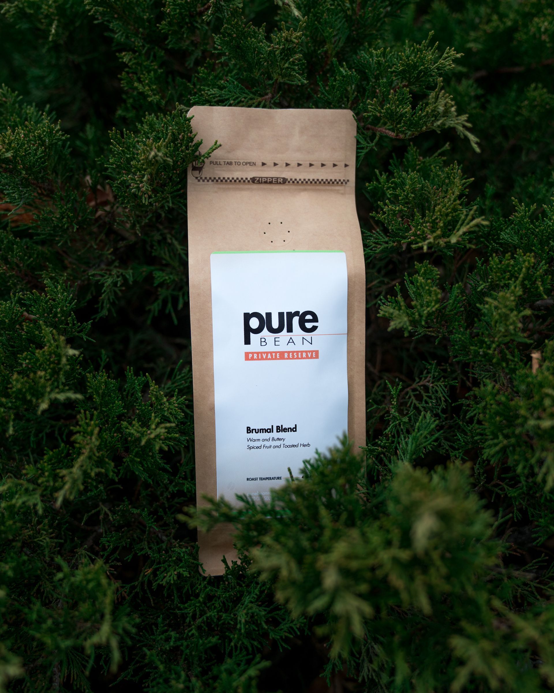 A bag of pure coffee is surrounded by trees