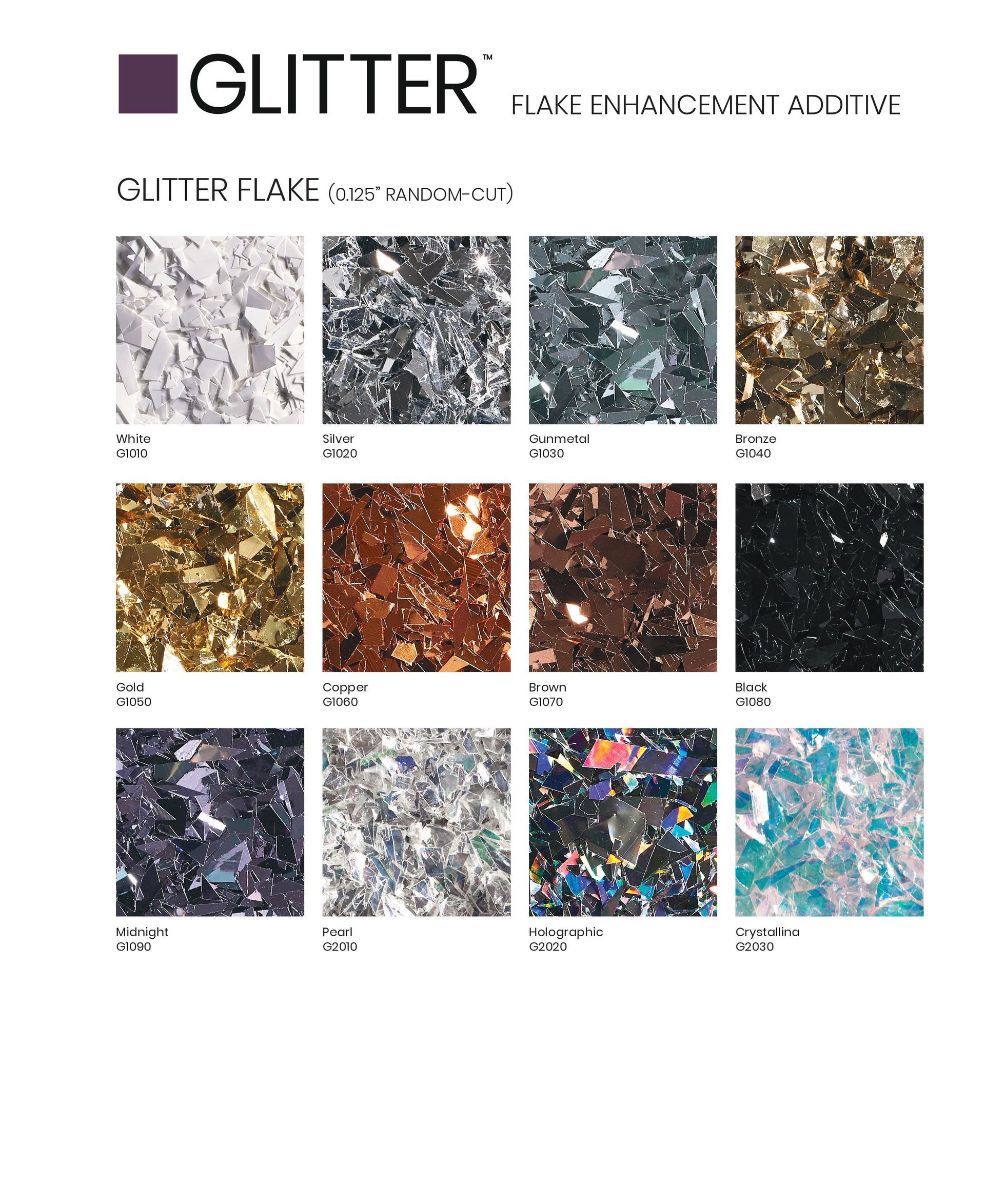 Glitter color chart with 10 sparkle swatches in silver, gold, copper, black, and blue tones