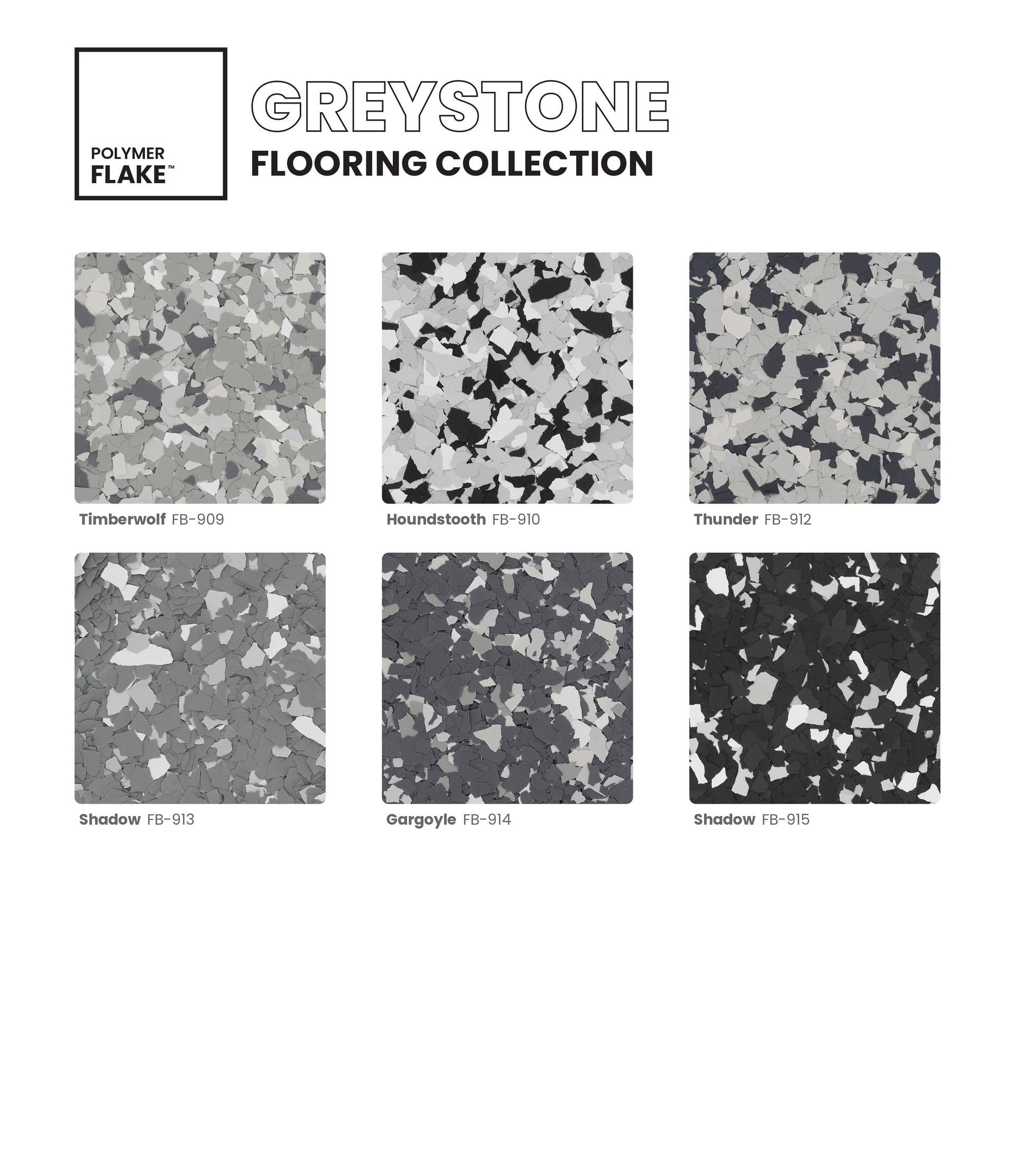 Greystone Flooring Collection brochure with six gray patterned floor tile samples.