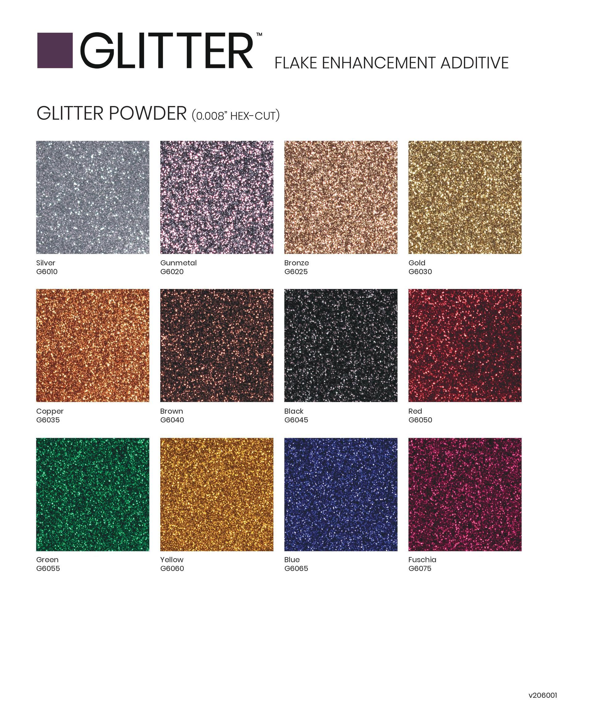GLITTER color chart with 12 glitter swatches in silver, lavender, gold, rose, green, and blue shades