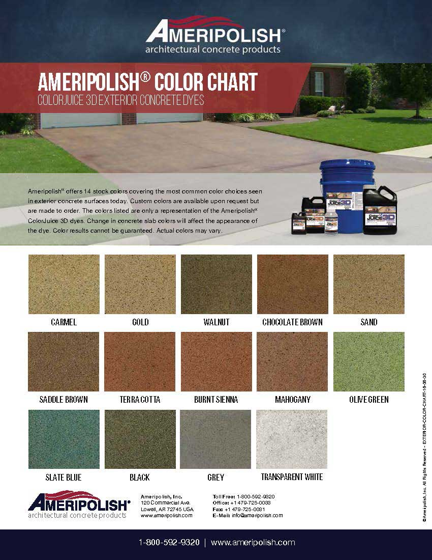 Ameripolish color chart with stain samples, product jars, and driveway background