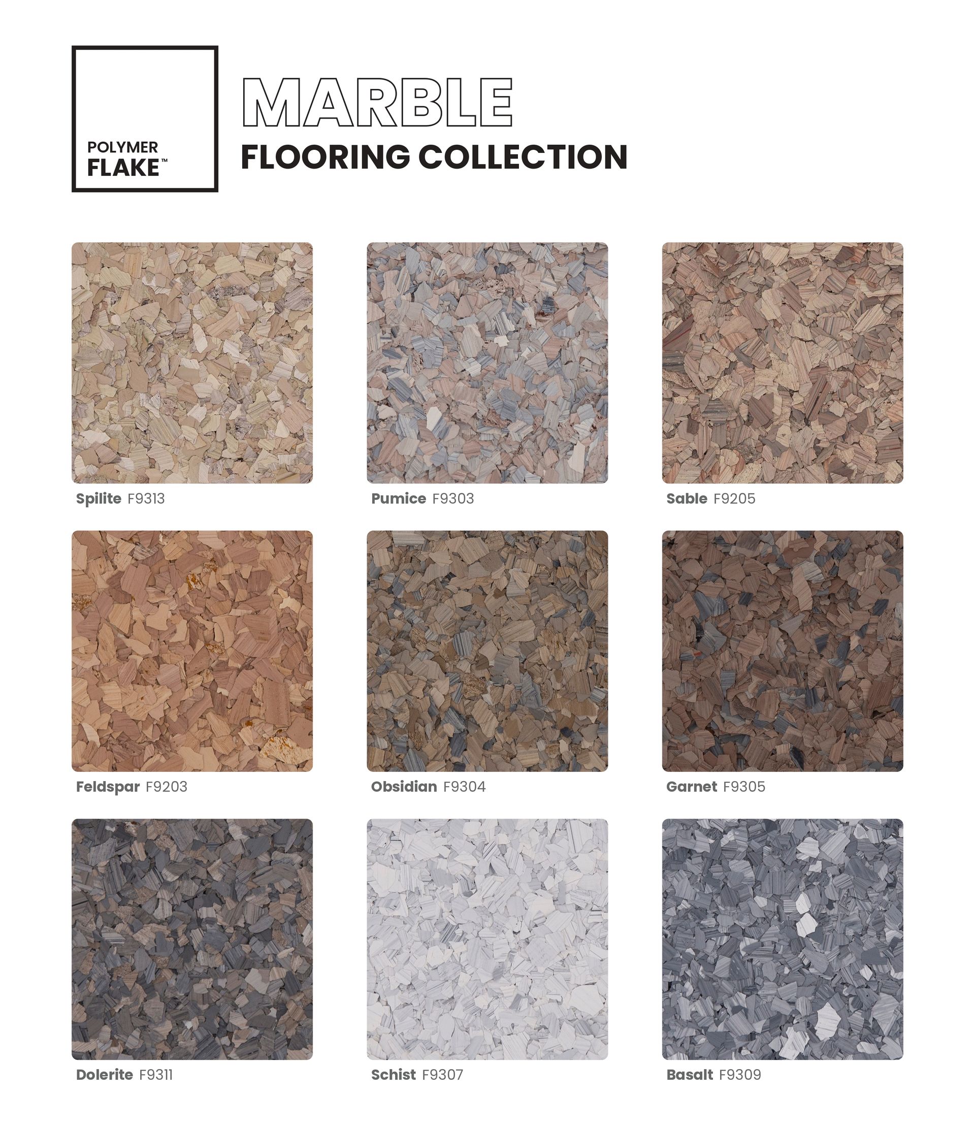Marble flooring collection sample sheet with nine textured stone color swatches