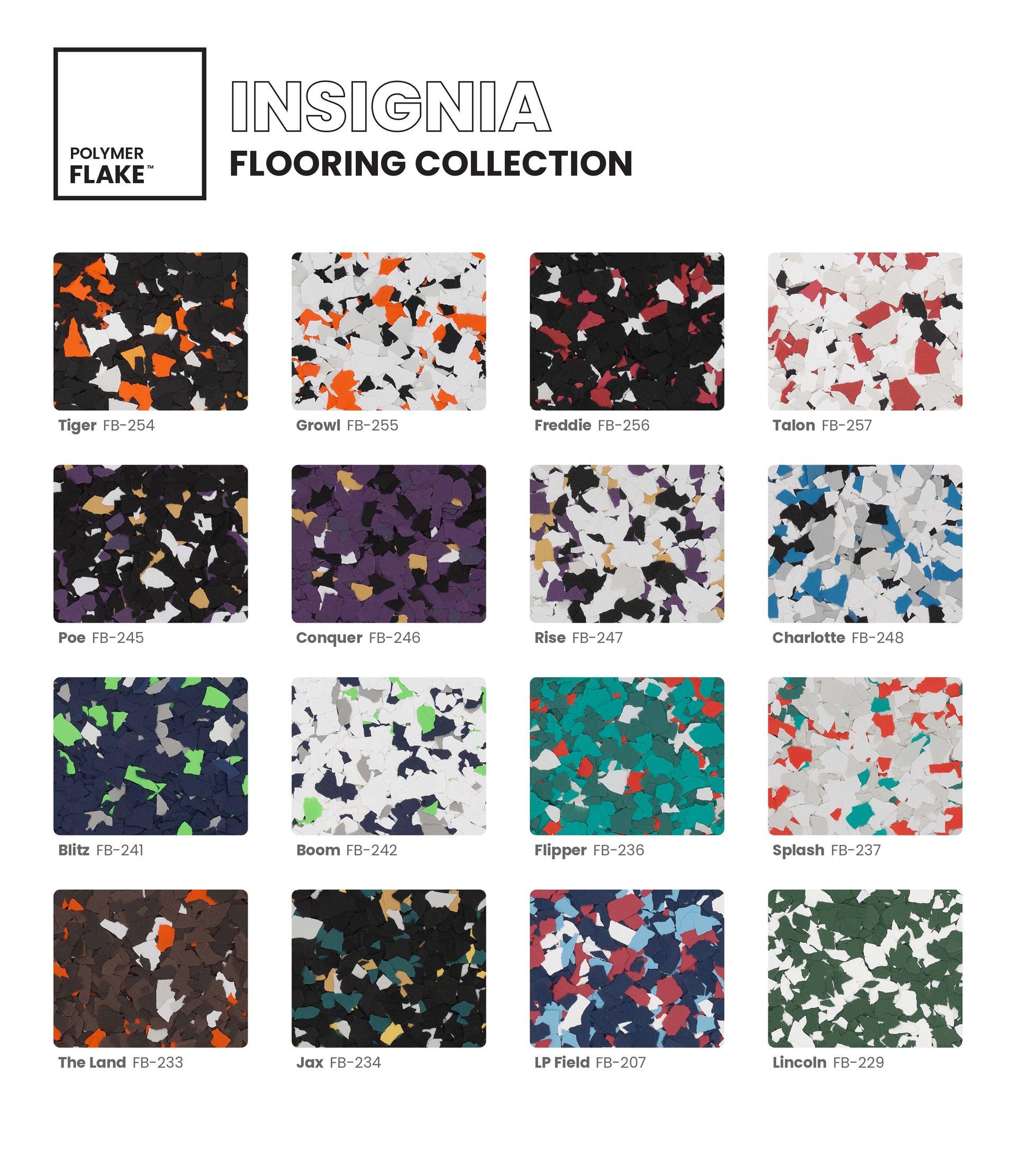 INSTINTA flooring collection sample board with 16 multicolor terrazzo-style tile patterns