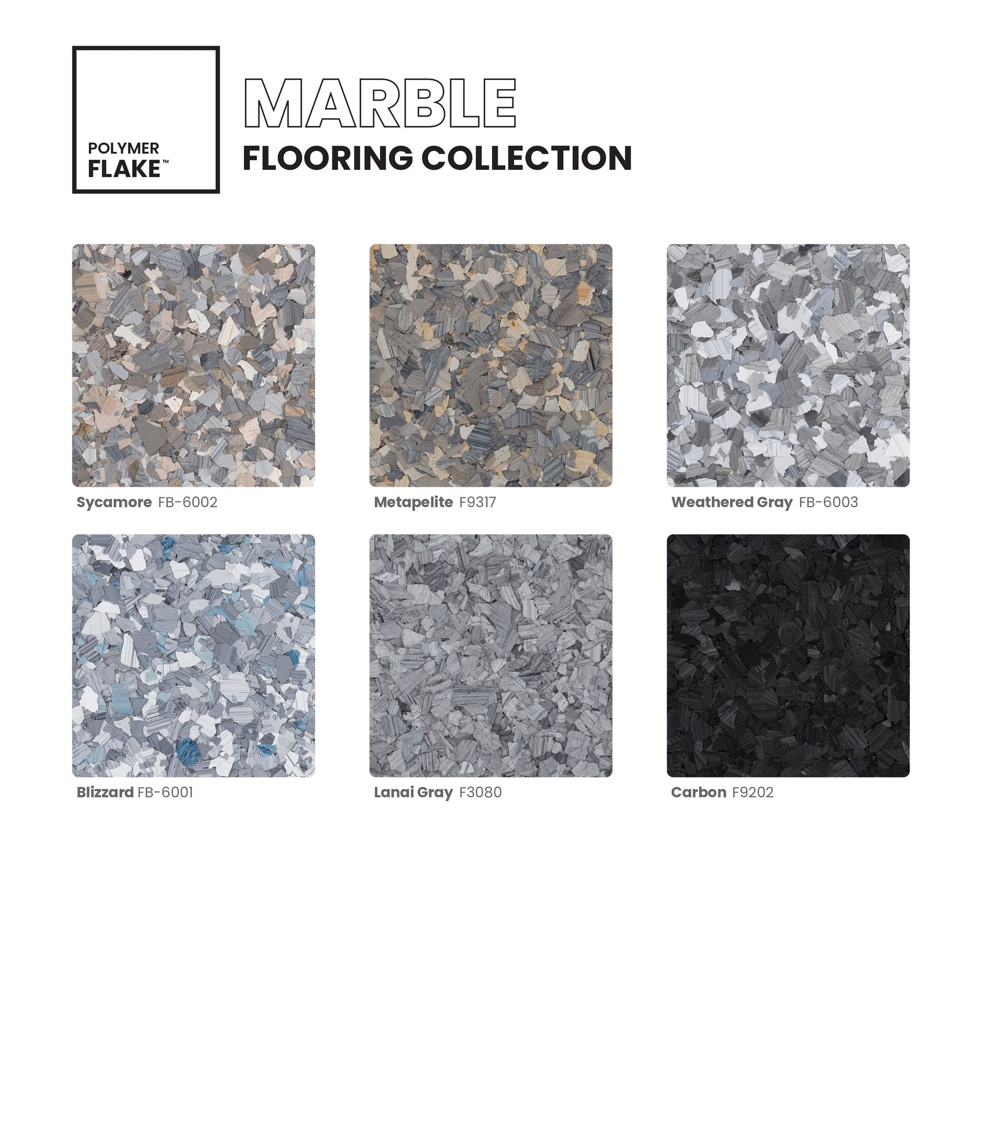 Marble flooring collection brochure with six sample tile swatches in gray, beige, blue, and black