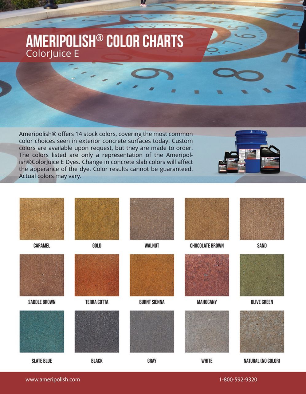 AmeriPolish color chart with blue and brown stain samples for concrete flooring
