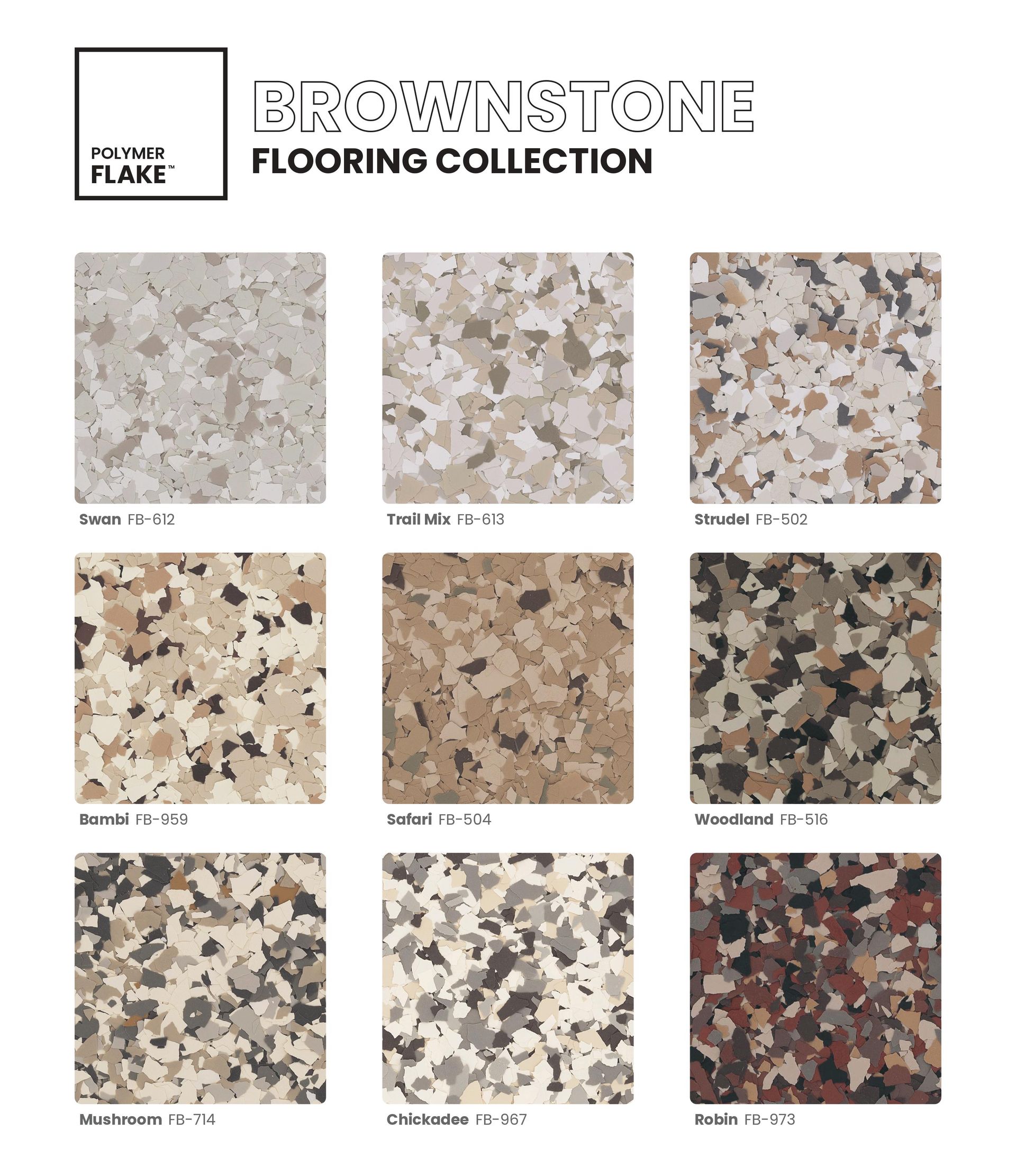 Promestone flooring collection brochure showing nine stone tile samples in beige, gray, and brown tones