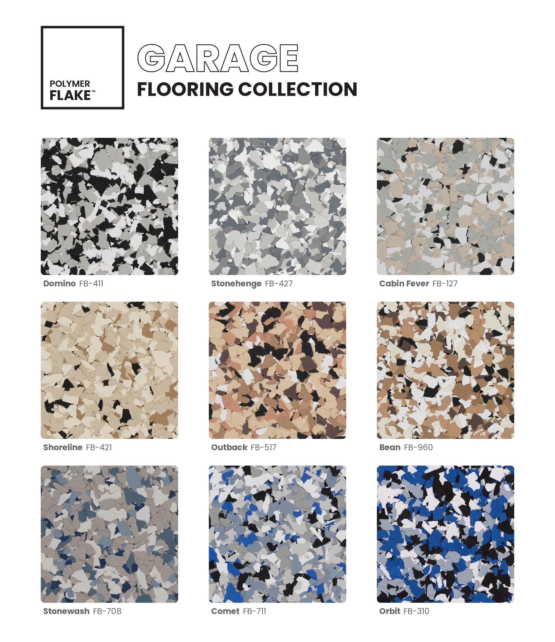 Garage flooring collection swatch chart with nine speckled epoxy color samples in gray, beige, and blue tones