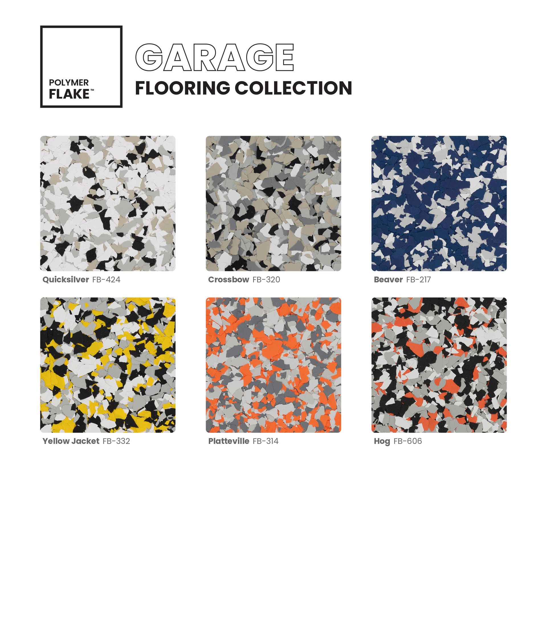 Flooring collection chart with six speckled color samples: white, gray, blue, yellow, orange, and black-red.