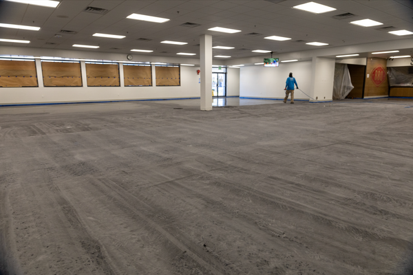 An open area with a concrete floor that's been prepped.