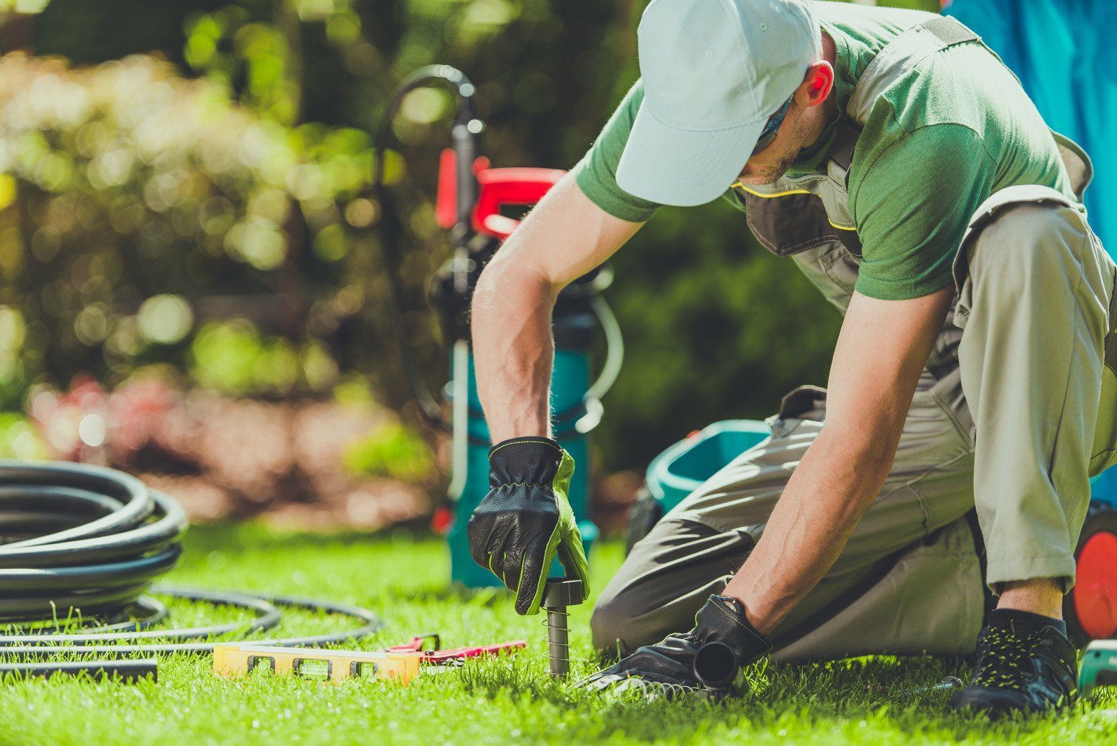 Person adjusts sprinkler head, spraying water on a bed of rocks and plants.