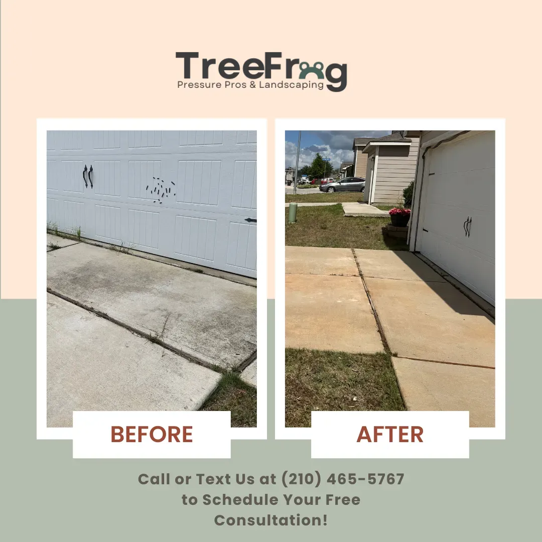 Before And After Driveway of Garage - San Antonio, TX - TreeFrog Pressure Pros & Landscaping