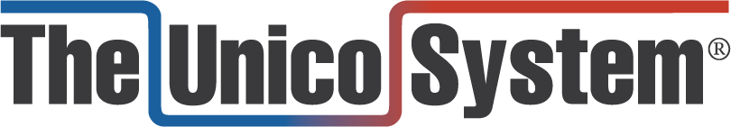 The logo for the unico system is red , white and blue.