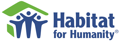 The habitat for humanity logo is blue and green and says habitat for humanity.