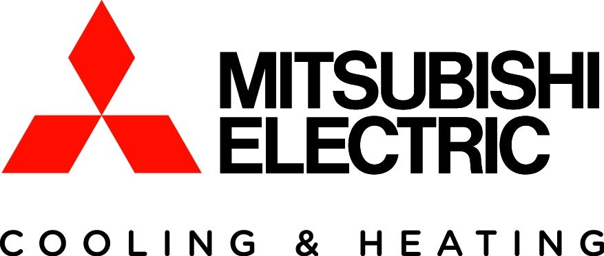 The logo for mitsubishi electric cooling and heating is red and black.