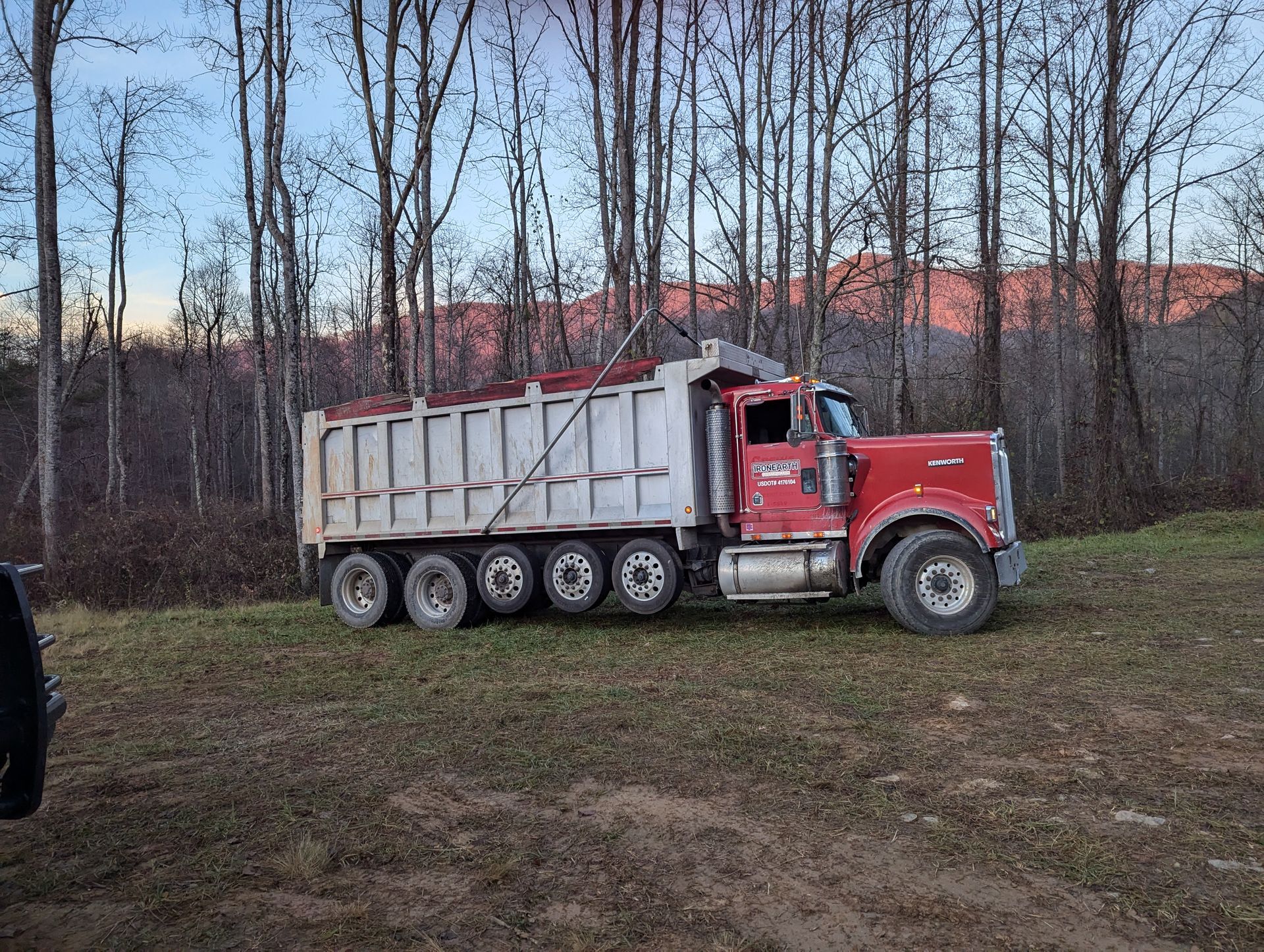 Red dump truck parked on grass near trees.