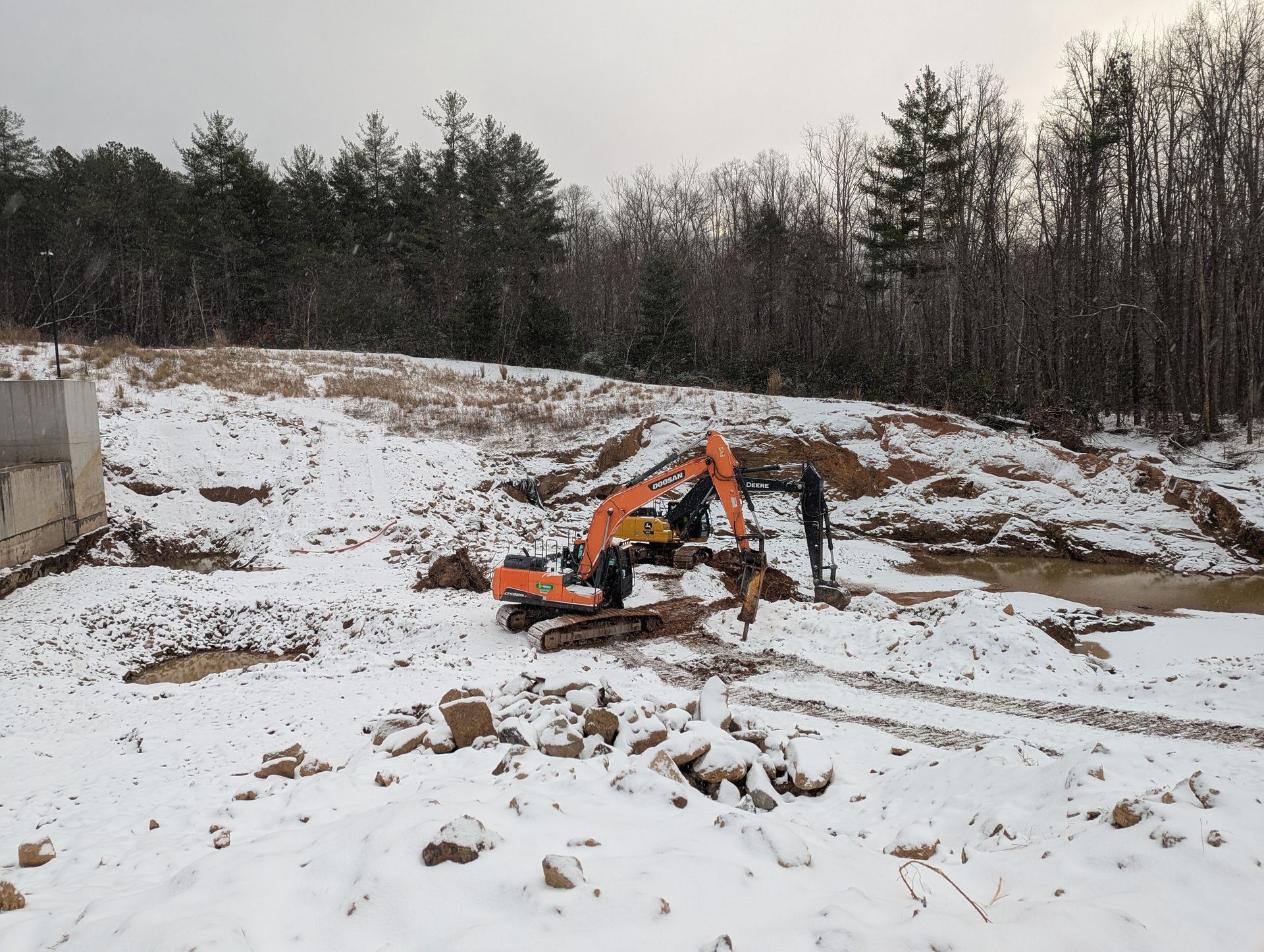 An excavator and worker on a snowy construction site next to a forest.