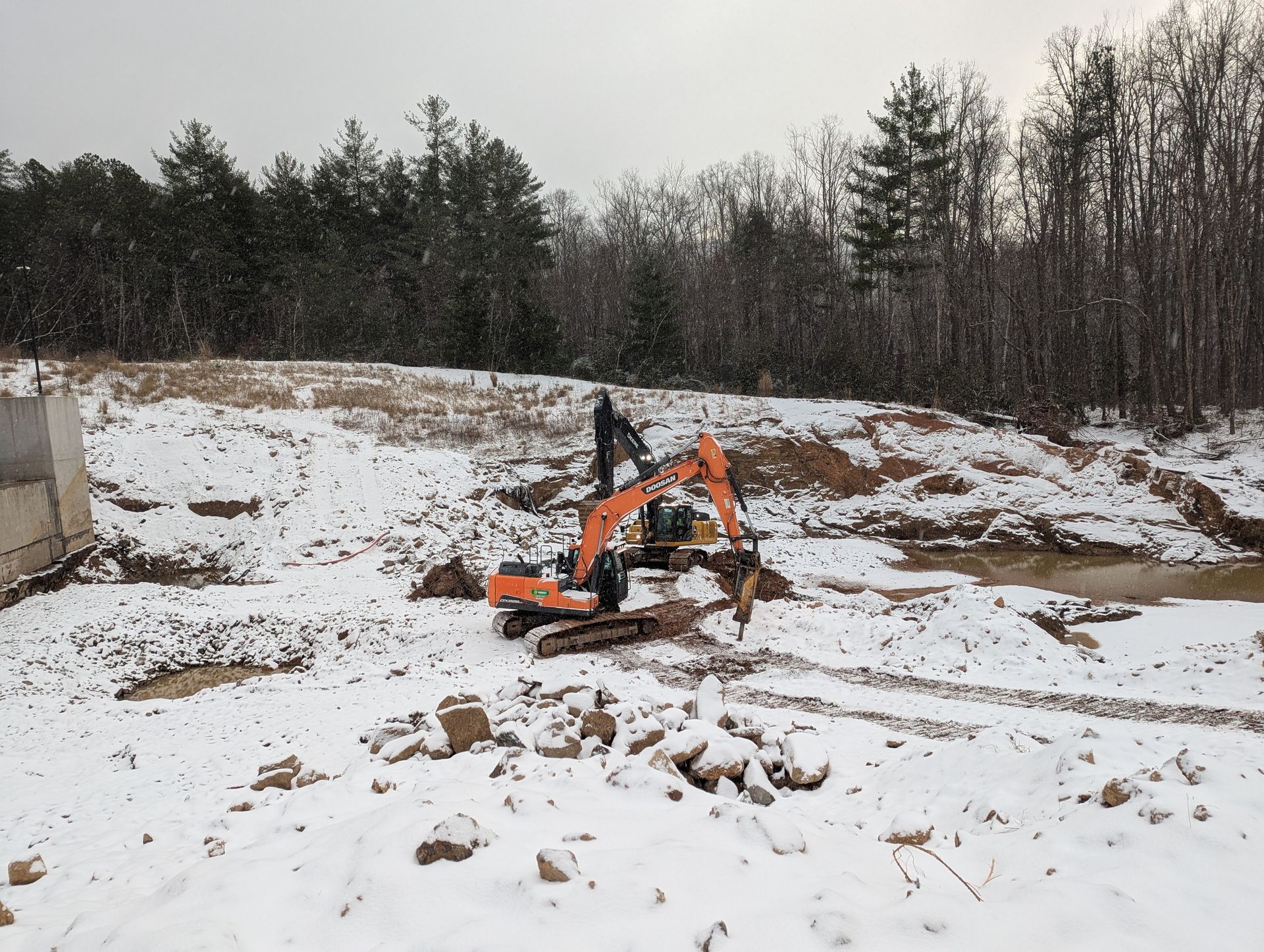 Excavator digging earth at a construction site in snowy weather.