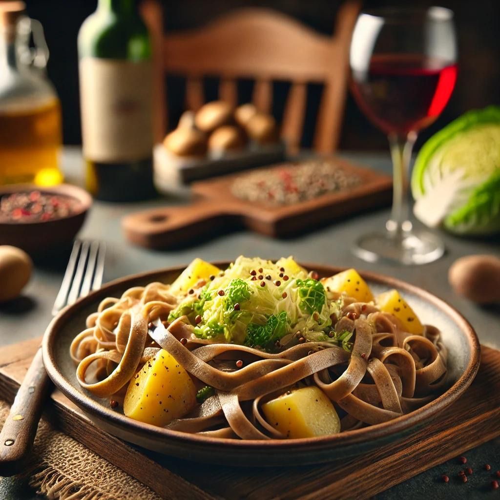 A plate of pasta with broccoli and potatoes on a table with a glass of wine.