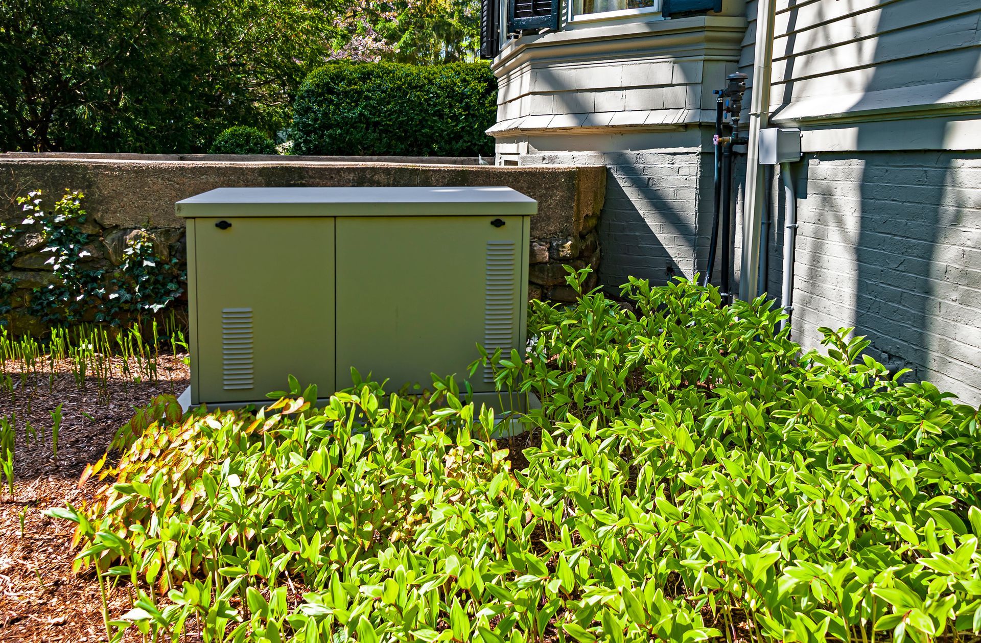 Tan generator box next to a building, surrounded by green foliage.