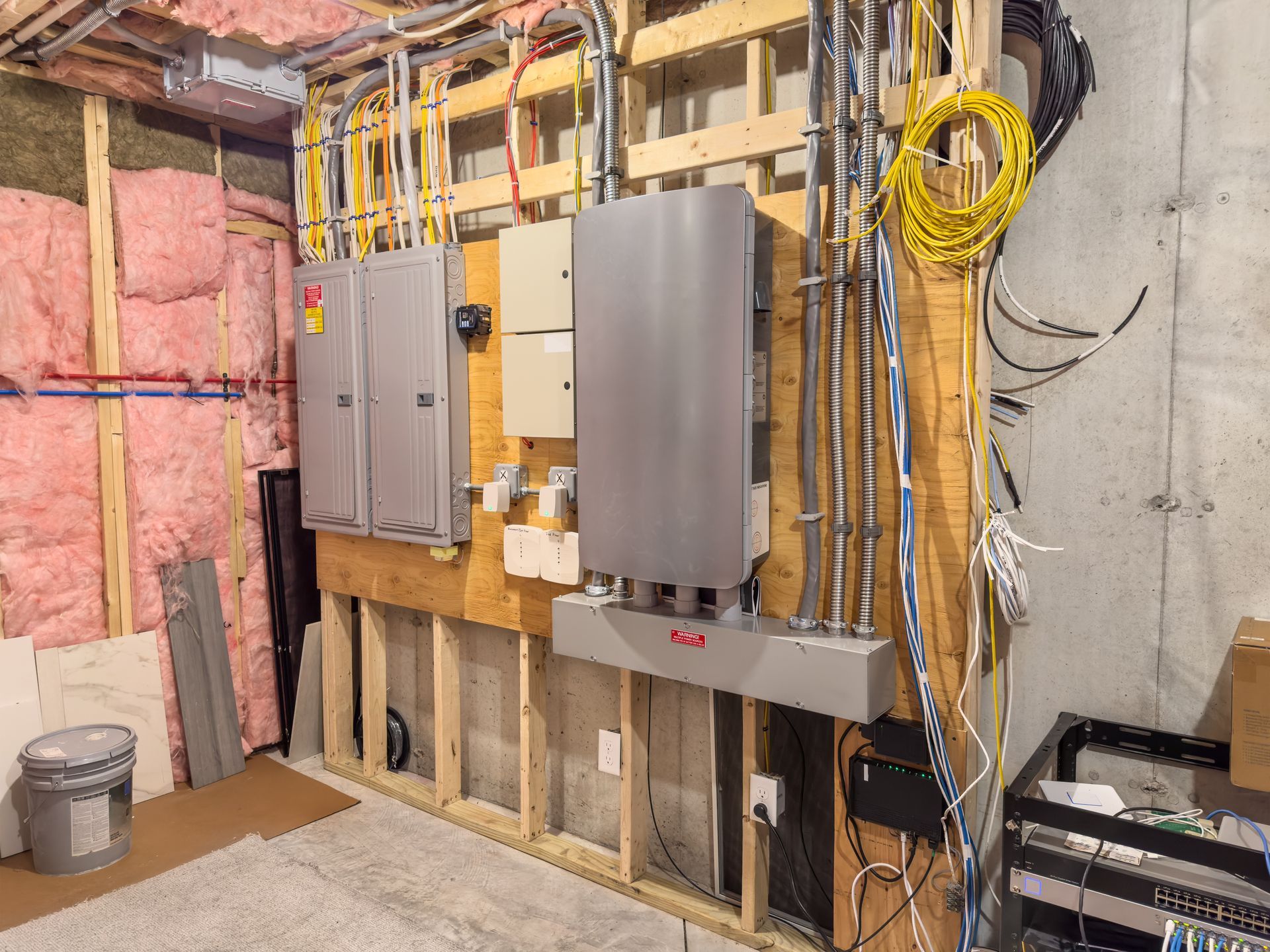 Electrical equipment in a basement, including circuit breakers, wiring, and conduit on a wooden wall.