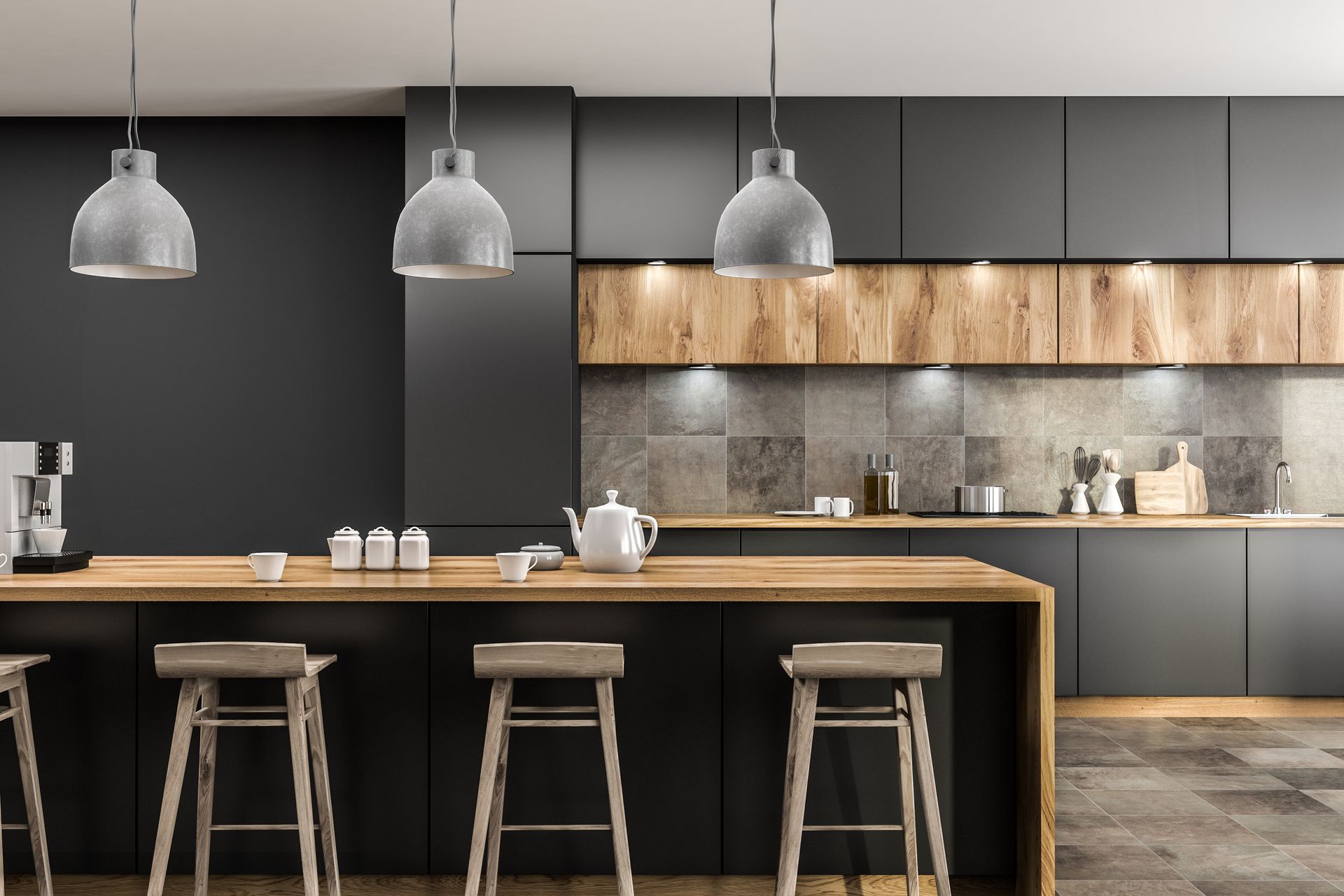 A modern kitchen with black cabinets , wooden counter tops , and stools.