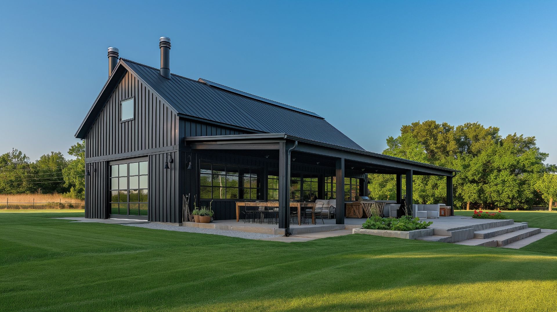 A black barn with a porch and stairs is sitting on top of a lush green field.