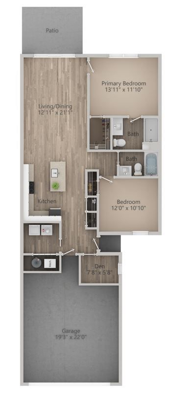 Floor plan of a residence with a living area, two bedrooms, a kitchen, a garage, and a patio.