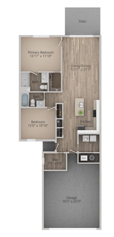 Floor plan with primary bedroom, second bedroom, living area, kitchen, garage, and patio.